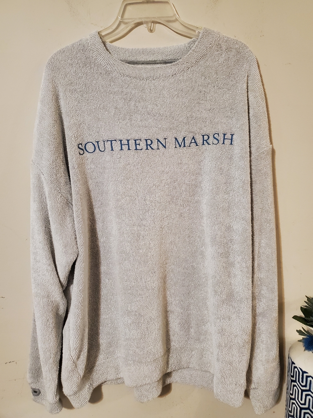 Sunday Morning Light Gray "Oatmeal" Crewneck Sweater Blue Logo